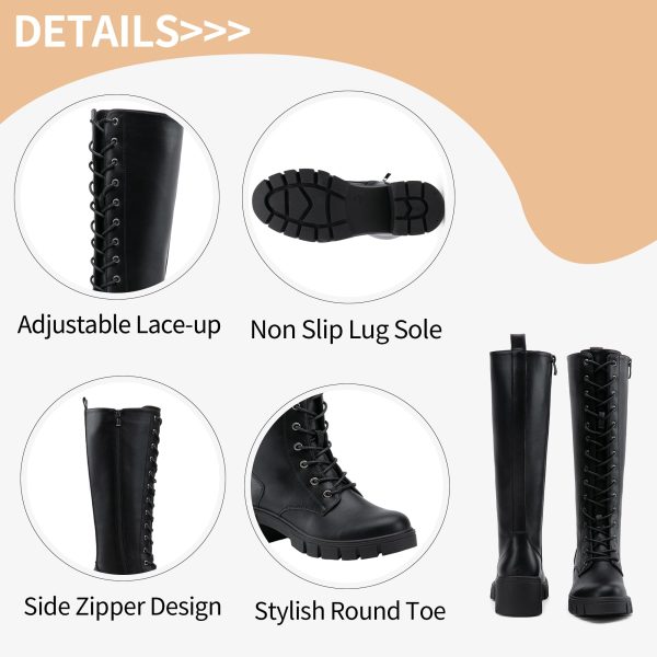 Women's 953 Lace Platform Combat Knee High Boots with Comfort Chunky Heel
