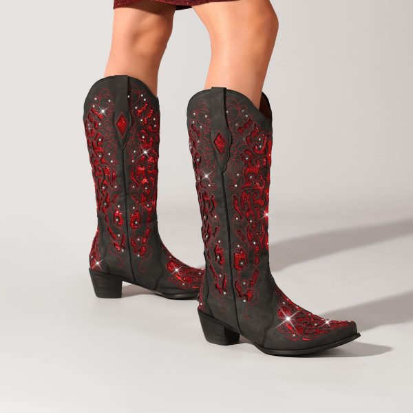 Western Cowboy Boots with Comfortable Calf Black Cowgirl Boot Women Sparkly Rhinestone Wedding Boots Trendy Vintage Tall Glitter
