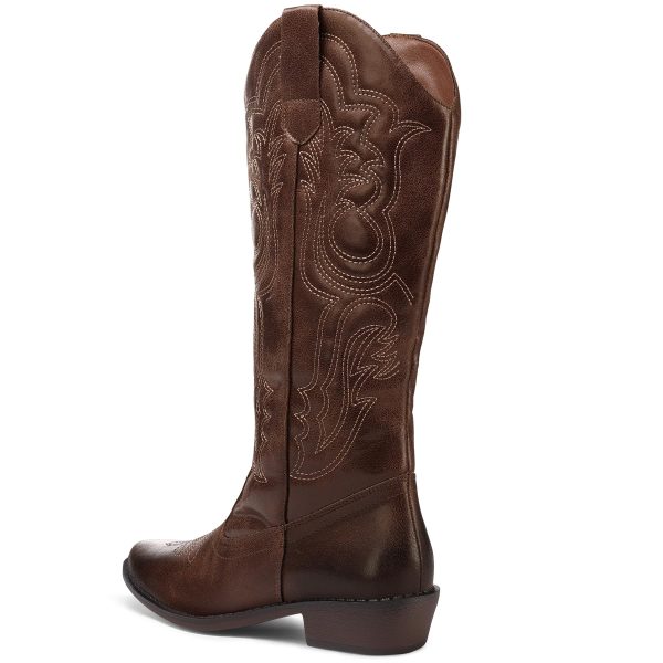 Women's Cowboy Boots Mid Calf Cowgirl Embroidered Western Pointed Toe Chunky Heel Pull On Knee High Boots