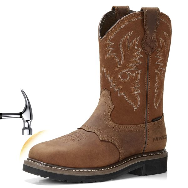NINGO Men's Western Cowboy Boots Waterproof Square Toe Steel/Soft Toe Work Boots Comfortable Men's Slip On Pull On Safety Toe