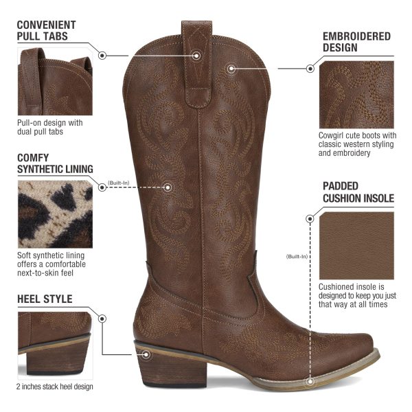 Rollda Cowboy Boots for Women Western Cowgirl Boots with Chunky Heel Ladies Snip Toe Mid-Calf Boots