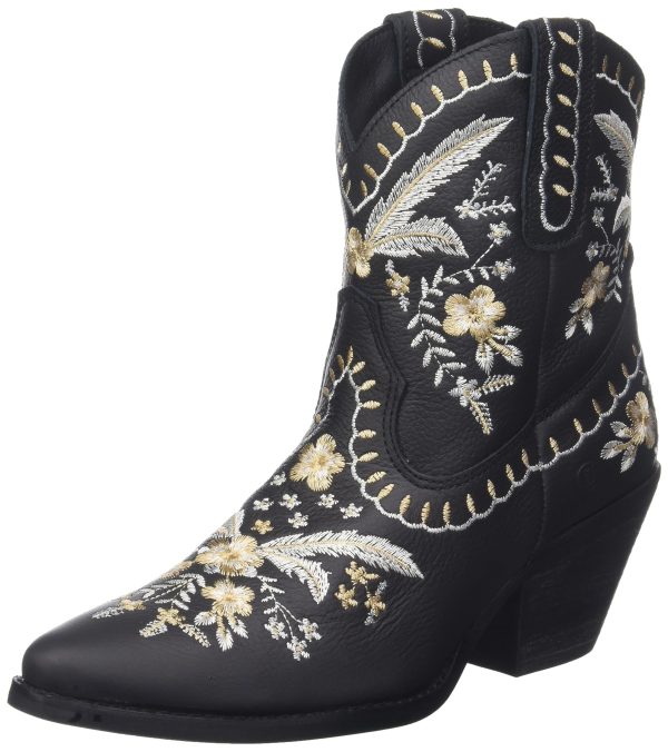 Womens Primrose Embroidered Floral Snip Toe Casual Boots Ankle Mid Heel 2-3" - Black