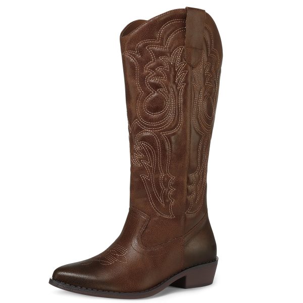 Women's Cowboy Boots Mid Calf Cowgirl Embroidered Western Pointed Toe Chunky Heel Pull On Knee High Boots
