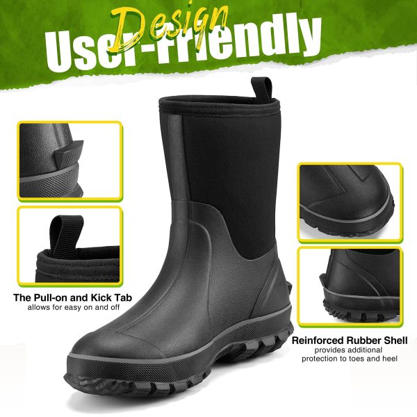 Rubber Boots for Men, 5.5mm Neoprene Insulated Rain Boots with Steel Shank, Waterproof Mid Calf Hunting Boots, Sturdy Rubber
