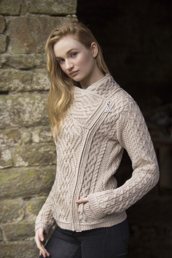 Women's Irish Cable Knitted Wool Side Zip Cardigan (100% Merino Wool)