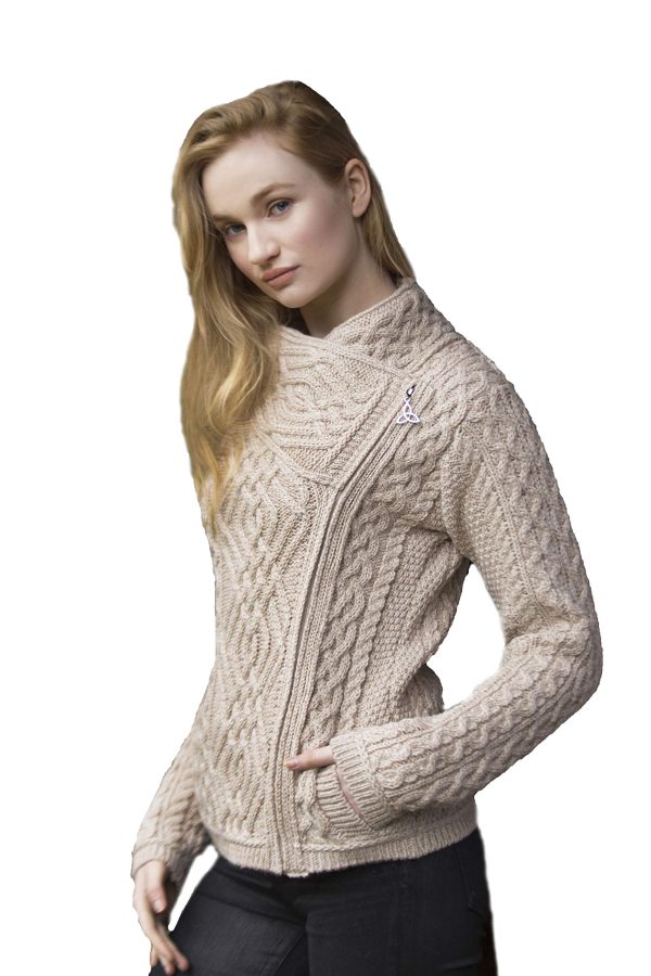 Women's Irish Cable Knitted Wool Side Zip Cardigan (100% Merino Wool)