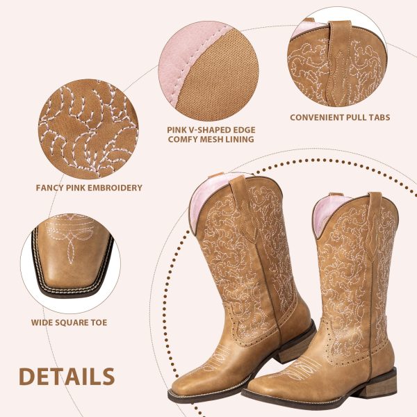 Cowboy Boots For Women Wide Square Toe Mid Calf Ladies Western Cowgirl Boots