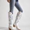 Cowgirl Boots - Womens Cowboy Boots with Colorful Bows Embroidered Western White Knee-High Boots Fashion Pull On Almond Toe