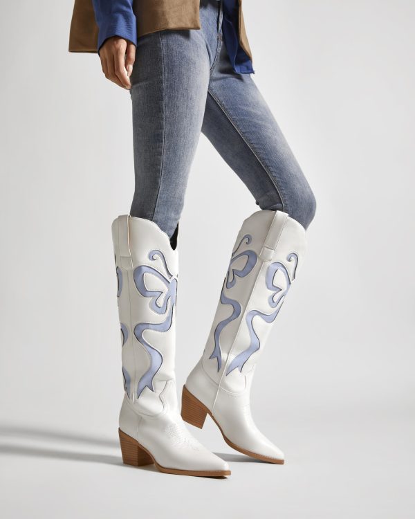Cowgirl Boots - Womens Cowboy Boots with Colorful Bows Embroidered Western White Knee-High Boots Fashion Pull On Almond Toe