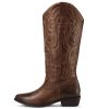Women's Cowboy Boots Mid Calf Cowgirl Embroidered Western Pointed Toe Chunky Heel Pull On Knee High Boots