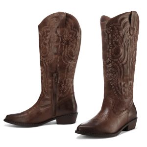 Women's Cowboy Boots Mid Calf Cowgirl Embroidered Western Pointed Toe Chunky Heel Pull On Knee High Boots