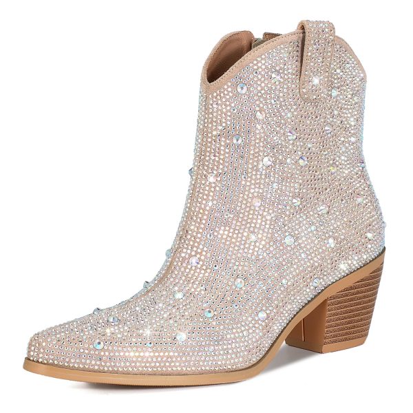 Women Rhinestone Cowboy Boots Glitter Chunky Heel Sparkly Cowgirl Ankle Boots…