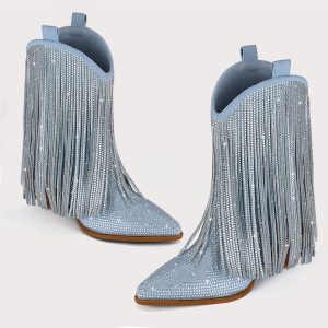 Cowboy Boots for Women - Cowgirl Western Rhinestone Sparkly Fringe Chunky Heel Pointed Toe Ankle Boots