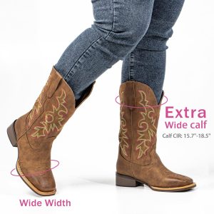 Women's Extra Wide Calf Cowboy Boots Square Toe – Pull-On Western Boots for Thick Calves, Stretch Comfort & Removable Insole,