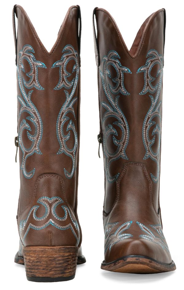 9808 Cowboy Boots for Women Wide Calf, Mid Calf Cowgirl Boots with Low Heel, Western Shoes with Side Zipper