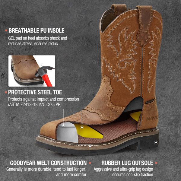 NINGO Men's Western Cowboy Boots Waterproof Square Toe Steel/Soft Toe Work Boots Comfortable Men's Slip On Pull On Safety Toe
