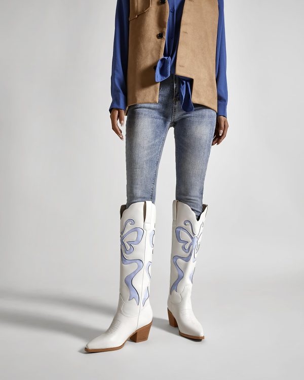 Cowgirl Boots - Womens Cowboy Boots with Colorful Bows Embroidered Western White Knee-High Boots Fashion Pull On Almond Toe