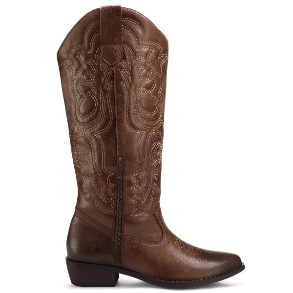 Women's Cowboy Boots Mid Calf Cowgirl Embroidered Western Pointed Toe Chunky Heel Pull On Knee High Boots