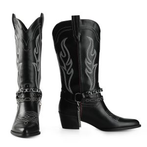 Cowboy Boots for Women with Chain, Pointy Toe Chunky Heel Women's Riding Boots with Embroidered, Pull on Style Western Boots,
