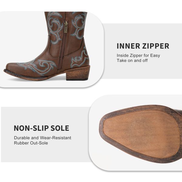 9808 Cowboy Boots for Women Wide Calf, Mid Calf Cowgirl Boots with Low Heel, Western Shoes with Side Zipper