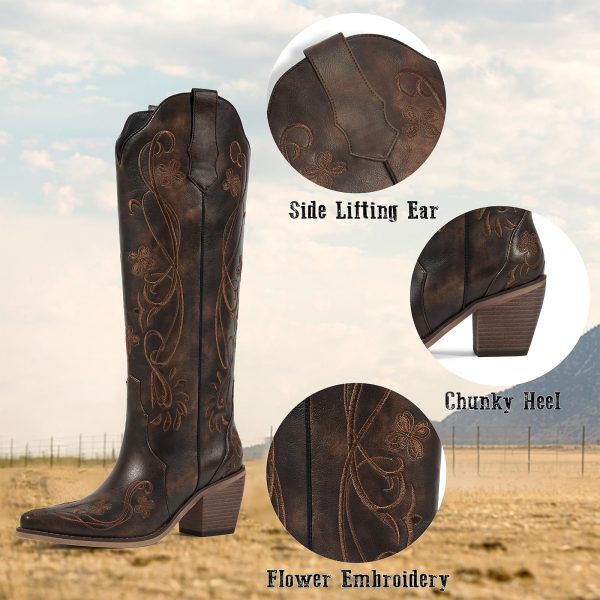 Cowboy Boots for Women Knee High Cowgirl Boots, Western Boots with Floral Embroidered Pointed Toe Chunky Heel Pull On Retro