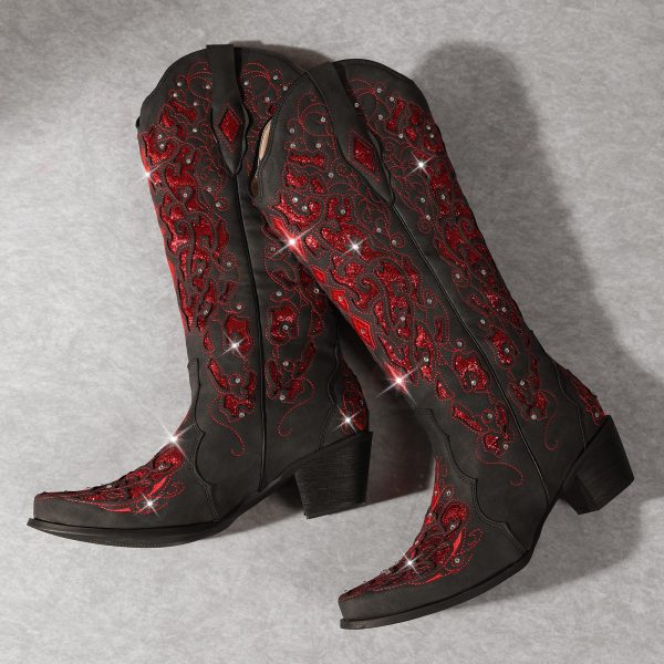 Western Cowboy Boots with Comfortable Calf Black Cowgirl Boot Women Sparkly Rhinestone Wedding Boots Trendy Vintage Tall Glitter