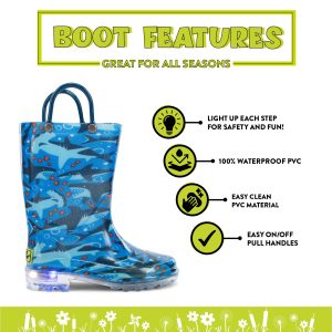 Kids Waterproof Light Up Rain Boots With Handles for Easy On and Off for Boys and Girls