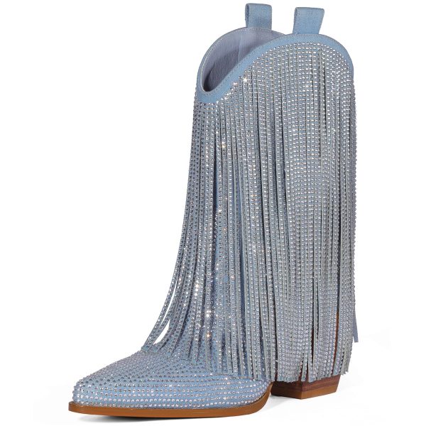 Cowboy Boots for Women - Cowgirl Western Rhinestone Sparkly Fringe Chunky Heel Pointed Toe Ankle Boots