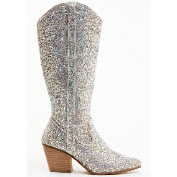 Rhinestone Boots for Women, Knee High Cowboy Boots Pointed Toe Chunky Heel Sparkly Cowgirl Boots Bling Shoes