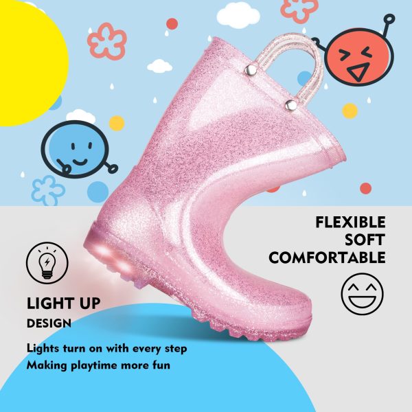 Toddler Rain Boots Kids With Glitter Light up Rain Boots With Easy-on Handles Waterproof For Boys and Girls