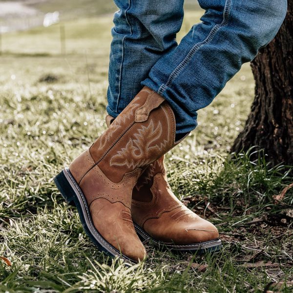 NINGO Men's Western Cowboy Boots Waterproof Square Toe Steel/Soft Toe Work Boots Comfortable Men's Slip On Pull On Safety Toe