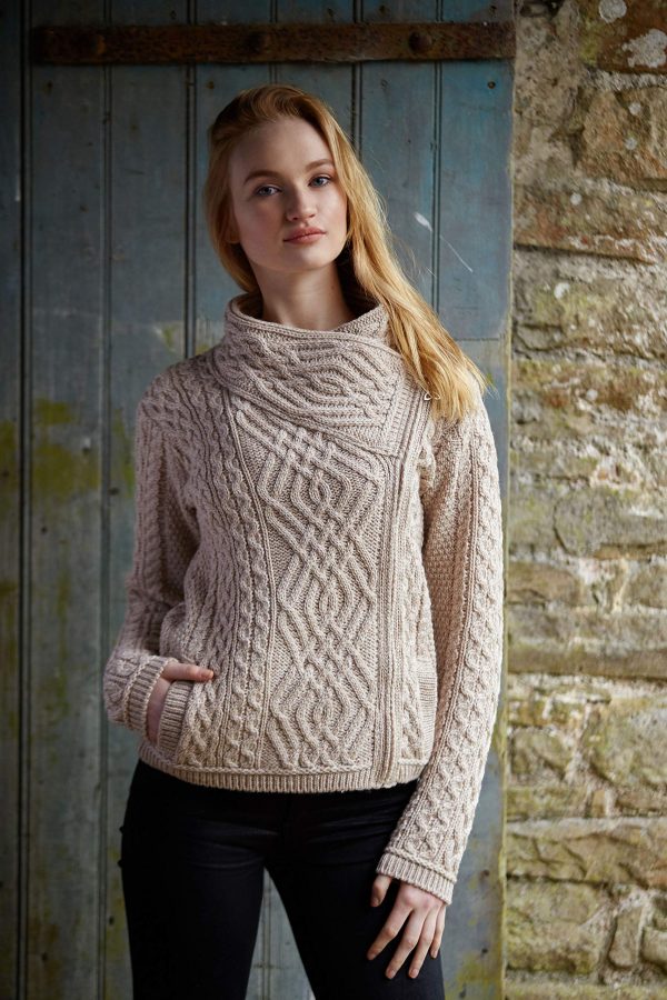 Women's Irish Cable Knitted Wool Side Zip Cardigan (100% Merino Wool)